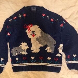 Woolrich 100% Wool Navy Blue Sweater with Sheepdog mama and pups with flowers